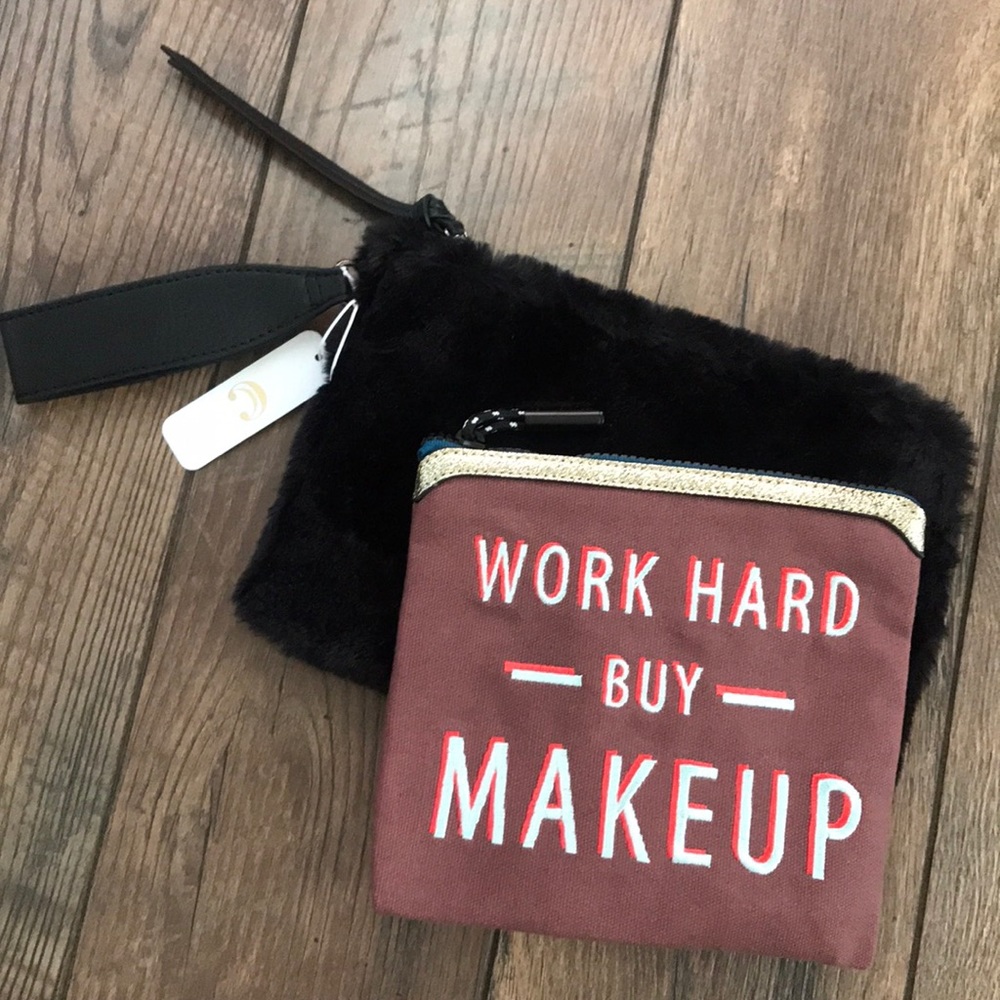 Black fuzzy wristlet & Work Hard Buy Make Up pouch